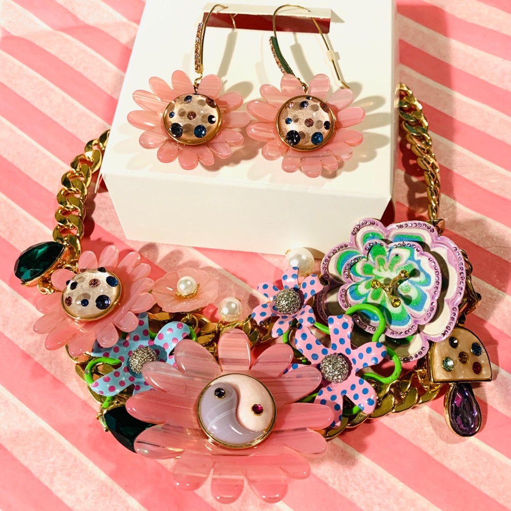 Betsey Johnson Bejeweled Flower Statement Necklace & Flower Earrings
